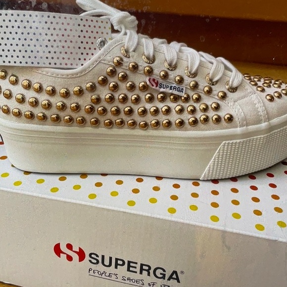🌼Spring Sale🌼 Superga White Gold Stud Platform CanvasSneakers NIB NWOT Size9.5 - Picture 15 of 16